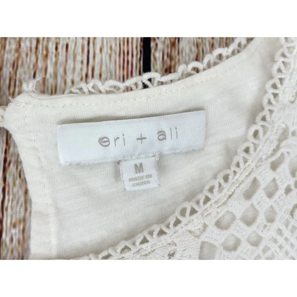Eri + Ali Anthropologie White Crochet‎ Overlay Top Size Medium Short Sleeve Boho